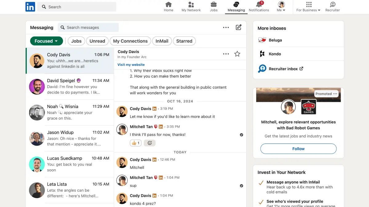 LinkedIn messaging inbox