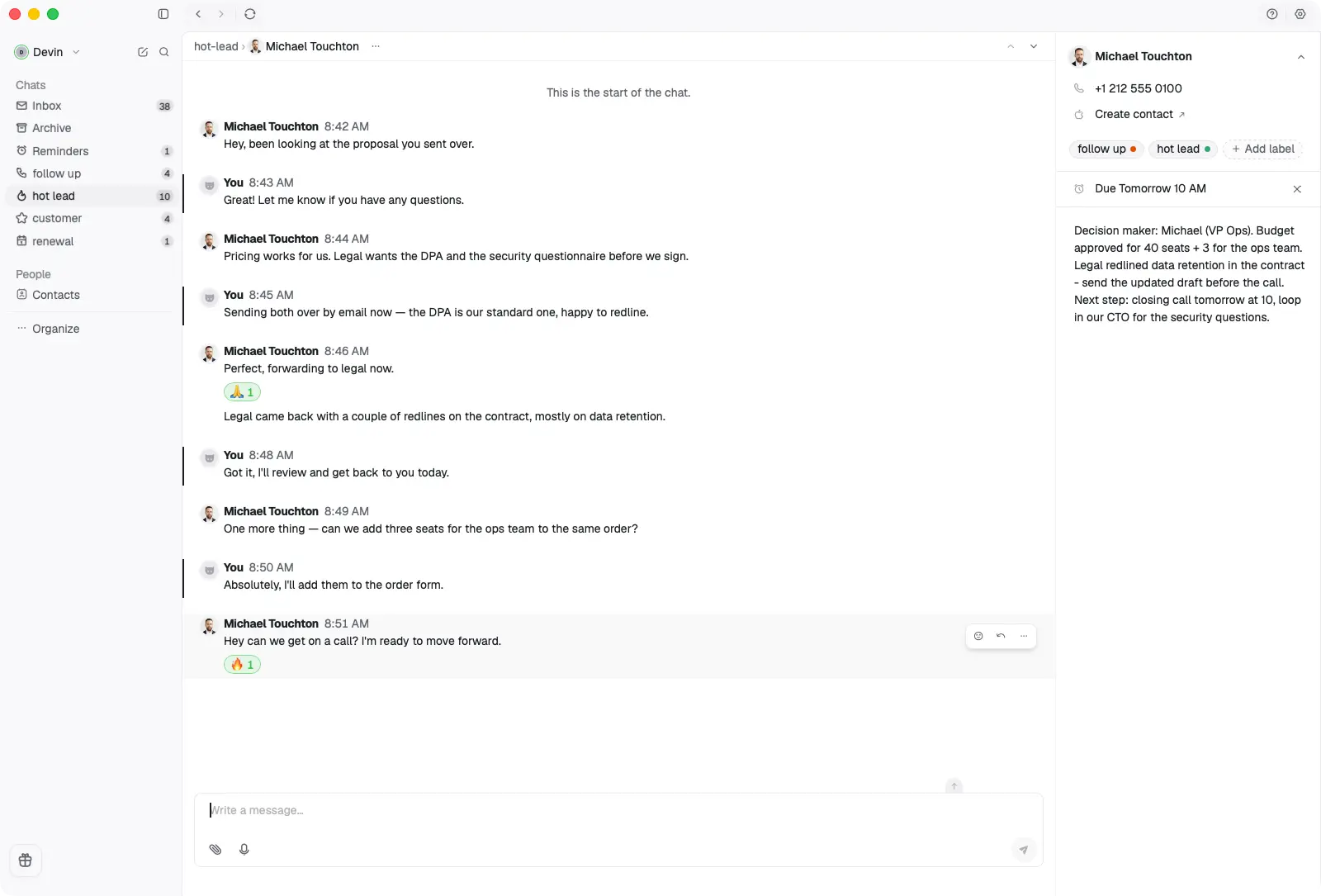 A WhatsApp conversation with a follow-up reminder in Kondo Desktop