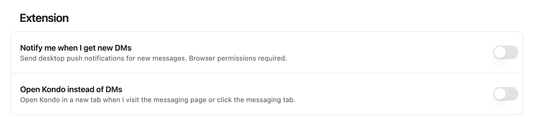 Extension section of Kondo preferences with the Open Kondo instead of DMs toggle
