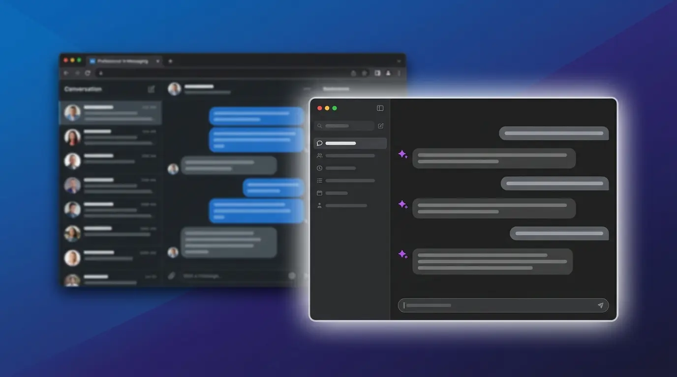 Blurred dark-mode LinkedIn messaging window behind an AI assistant chat window on a blue-to-indigo gradient desktop