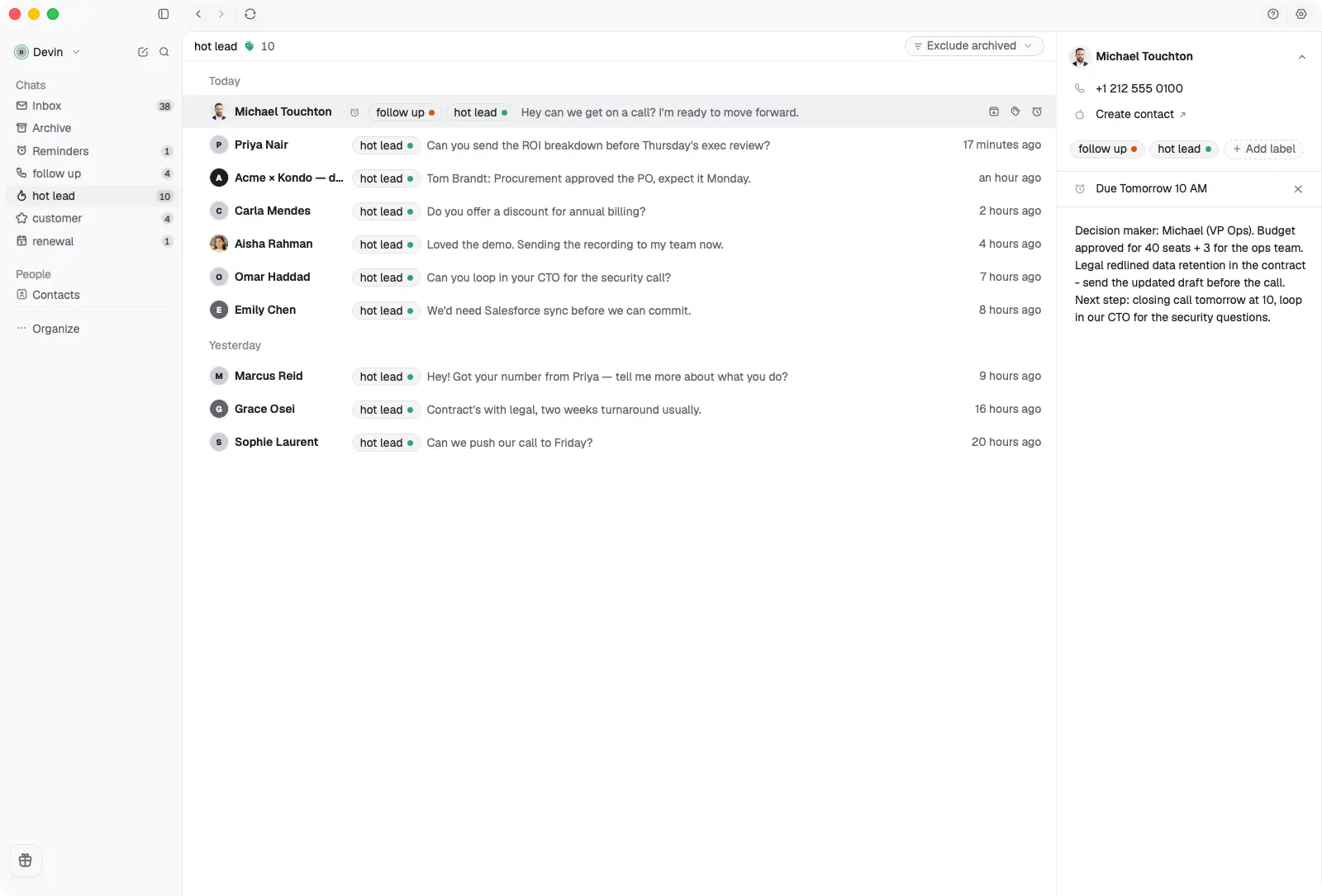 A labeled hot-lead inbox in Kondo Desktop