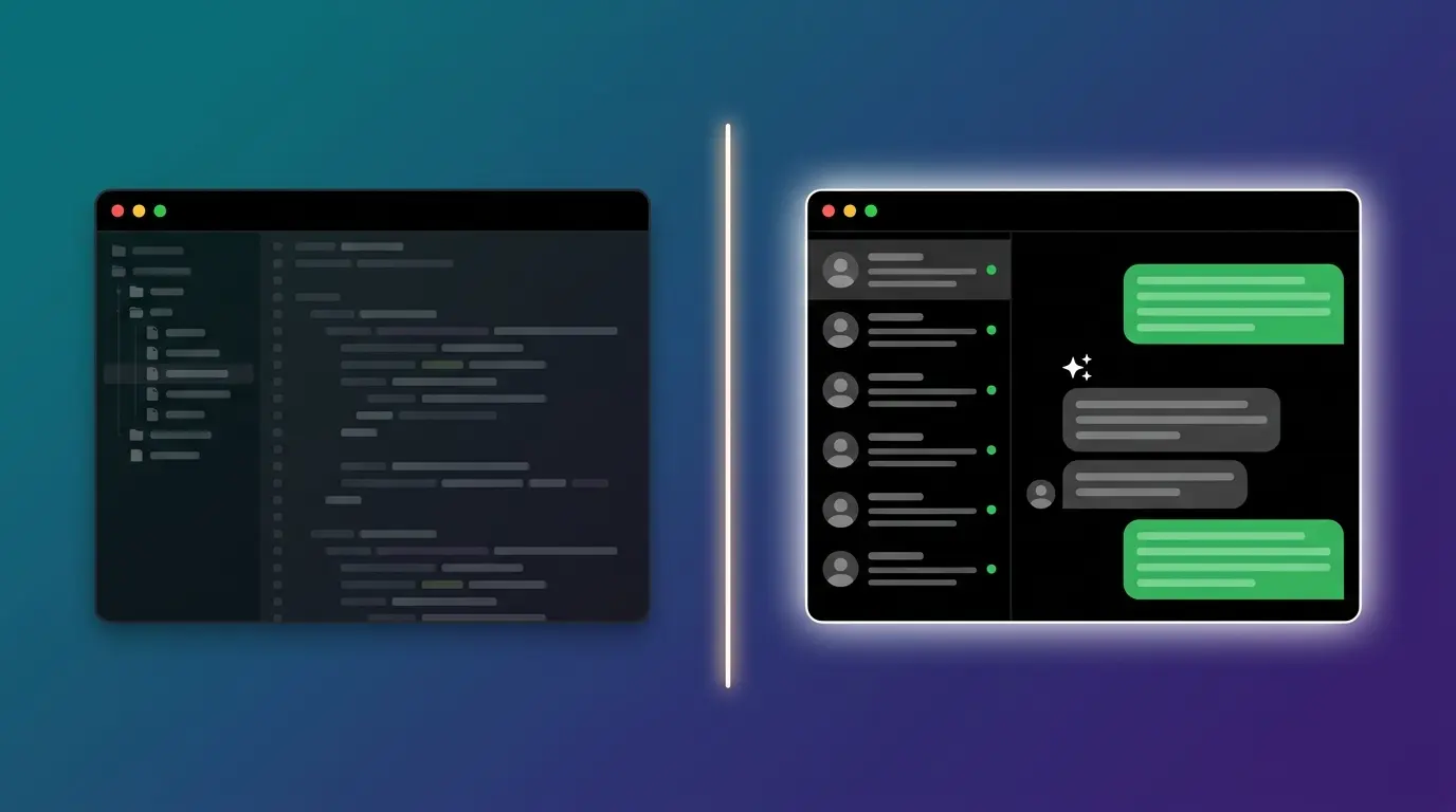 A dimmed code repository window beside a glowing dark-mode WhatsApp-style inbox with an AI reply, split by a thin line of light on a teal-to-violet gradient
