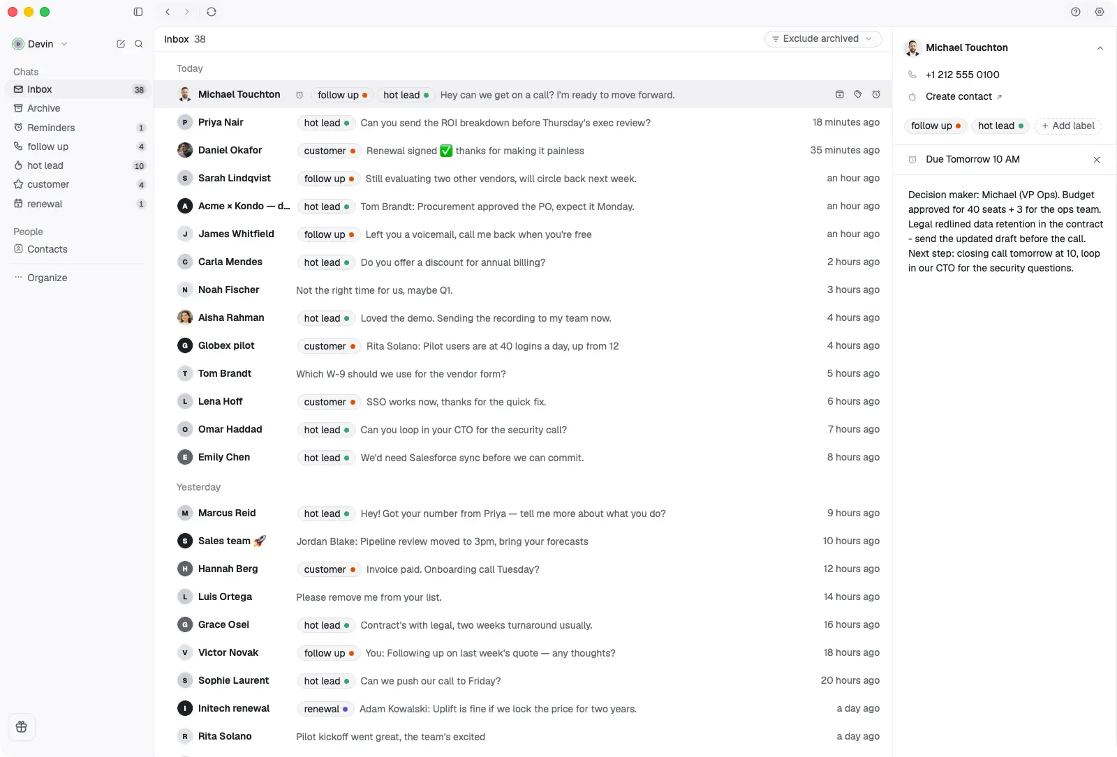 Kondo Desktop WhatsApp inbox in light mode