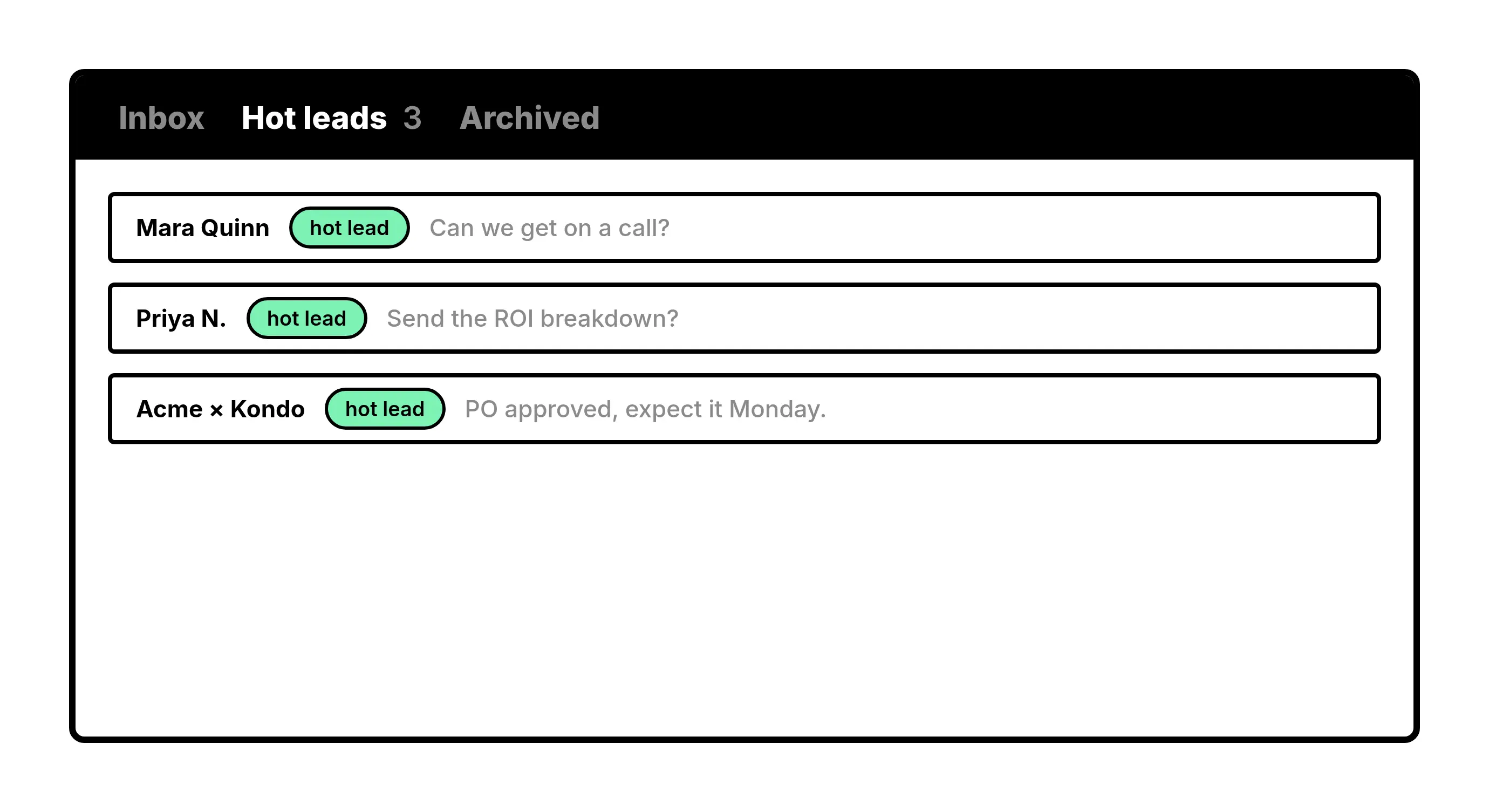A labeled hot-lead inbox in Kondo Desktop