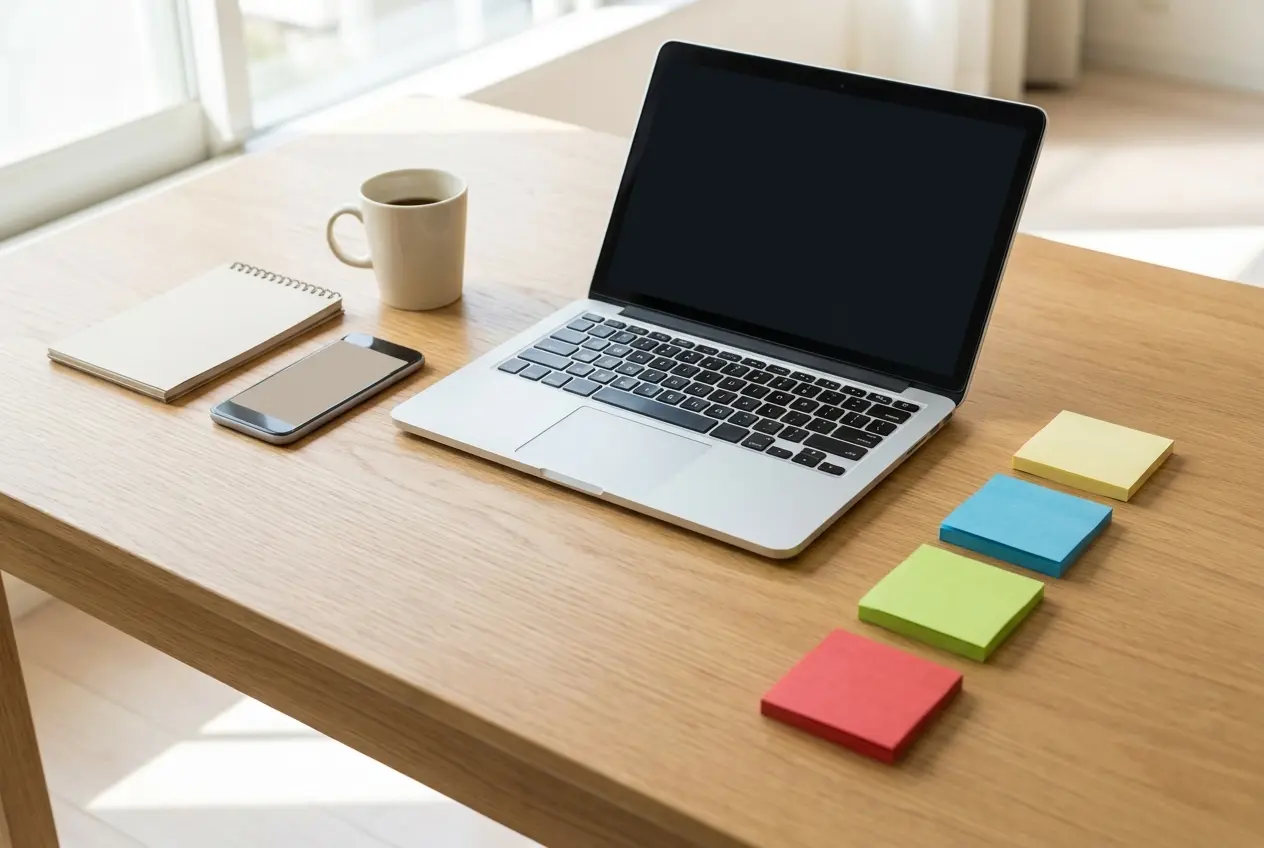 Laptop, colored sticky notes and a phone on a wooden desk