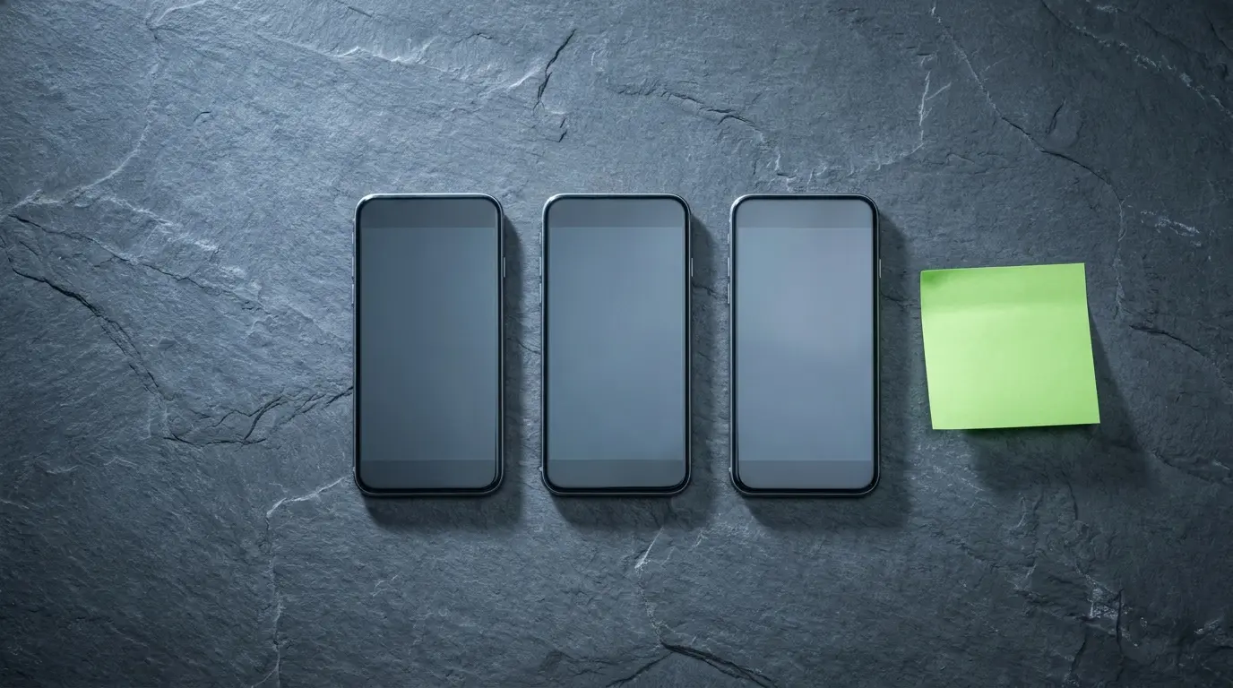 Three phones in a row on dark slate beside one green sticky note, seen from above