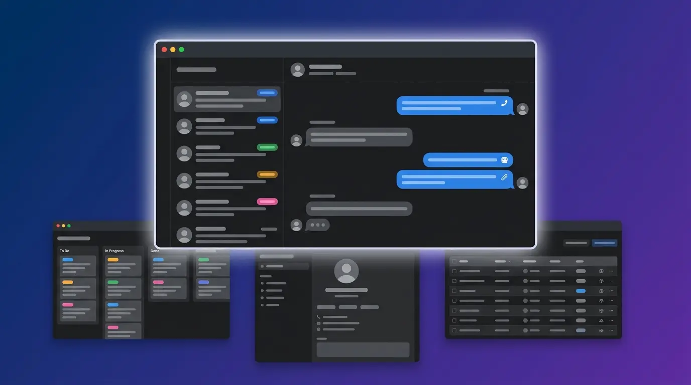 A glowing dark-mode messaging inbox with blue bubbles and colored label chips, in front of dimmed pipeline board, contact card and table windows on a navy-to-violet gradient