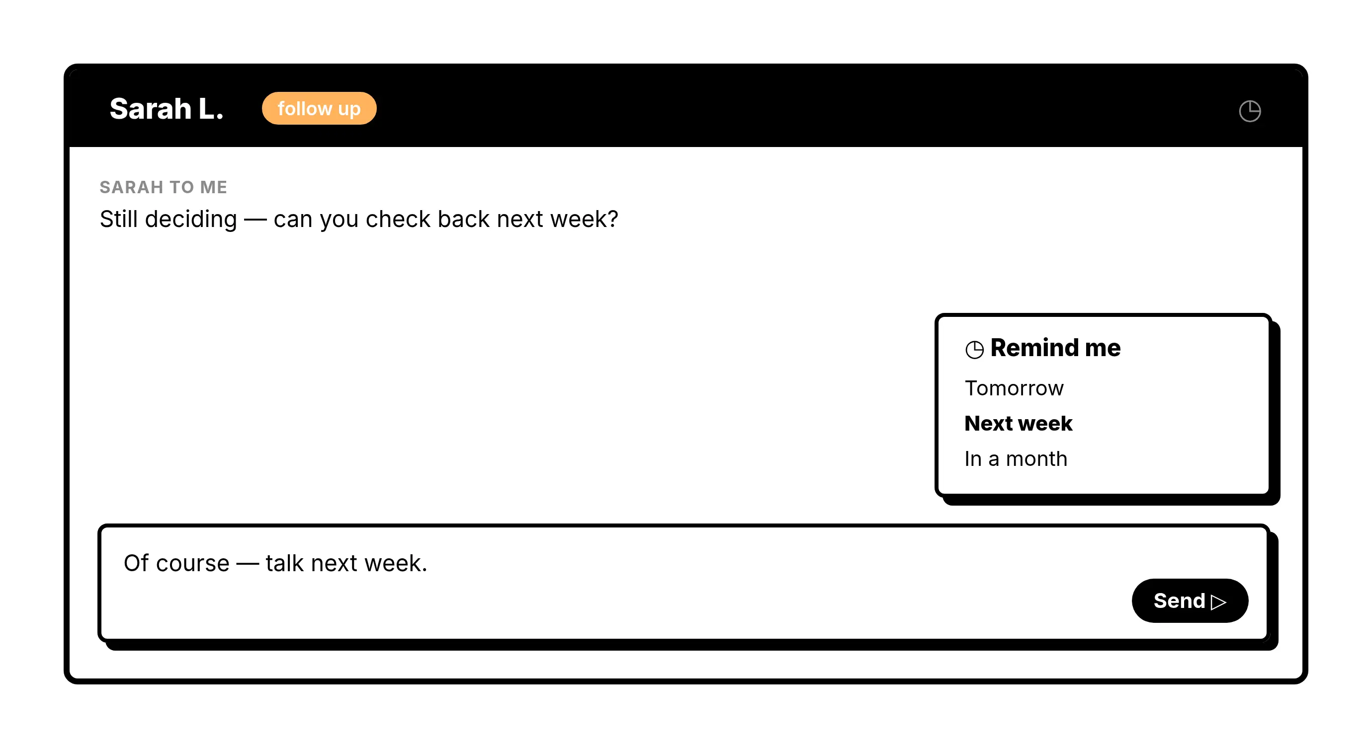 A WhatsApp chat with a follow-up reminder in Kondo Desktop