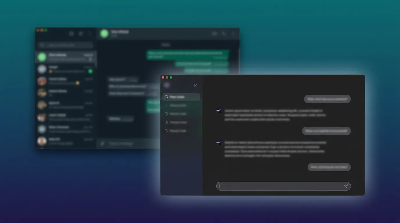 Blurred dark-mode WhatsApp chat window behind an AI assistant chat window on a teal-to-indigo gradient desktop