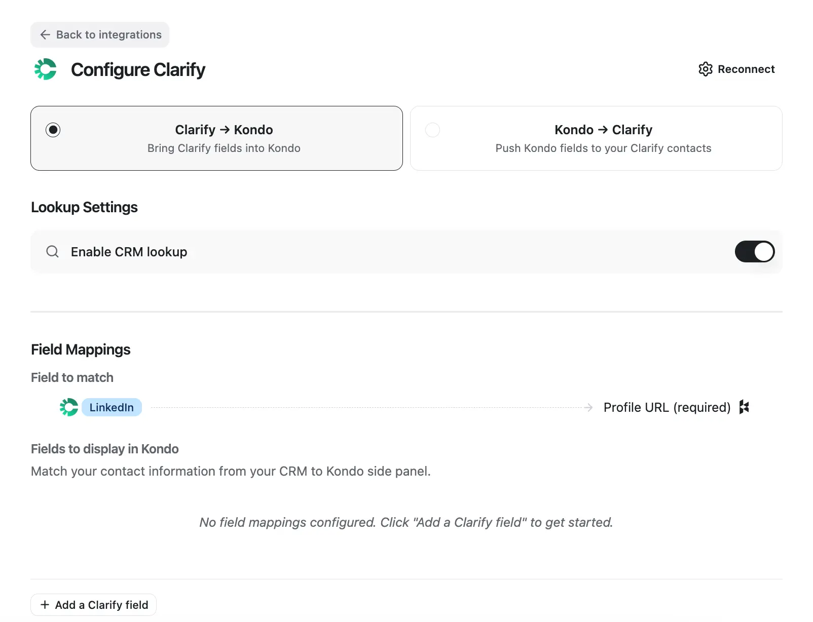 Configure Clarify Clarify to Kondo